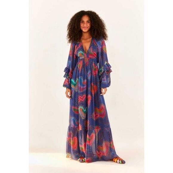 FARM Rio Dresses & Skirts - Farm Rio Shinny Hearts Printed Ruffle Maxi Dress